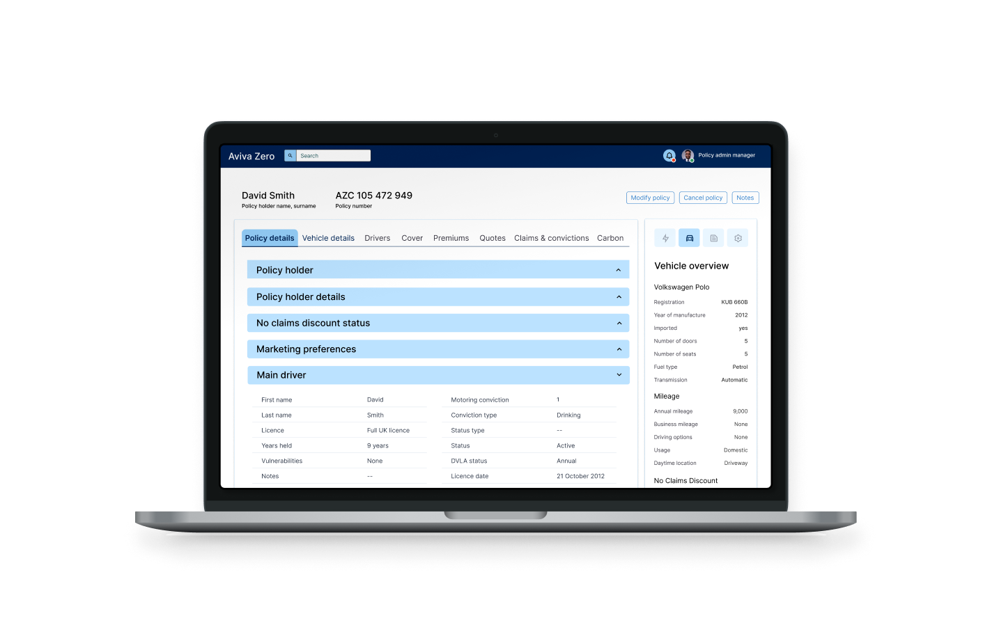 Final redesigned Aviva dashboard — policy details view